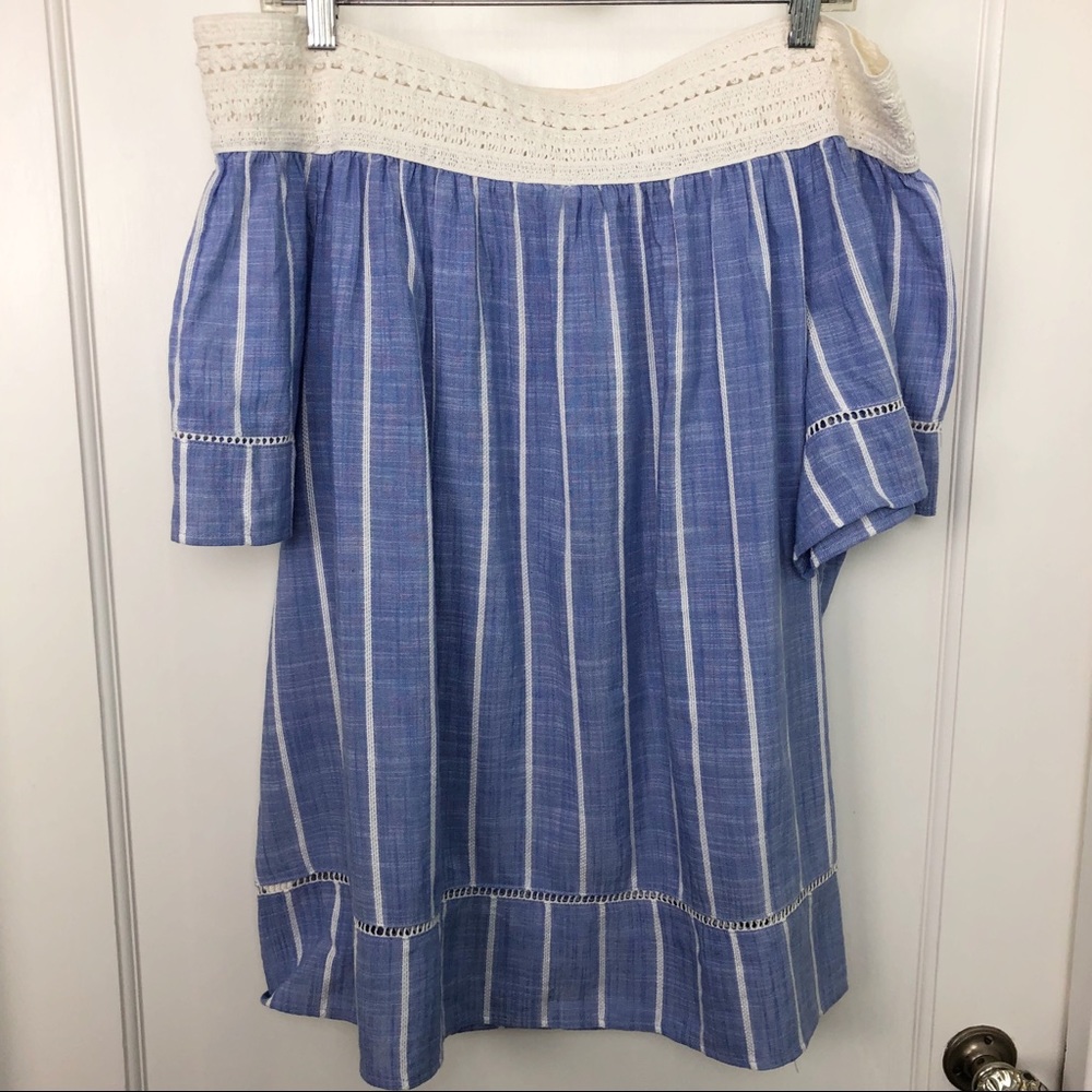 Stripe Chambray & Crochet Off Shoulder Blouse